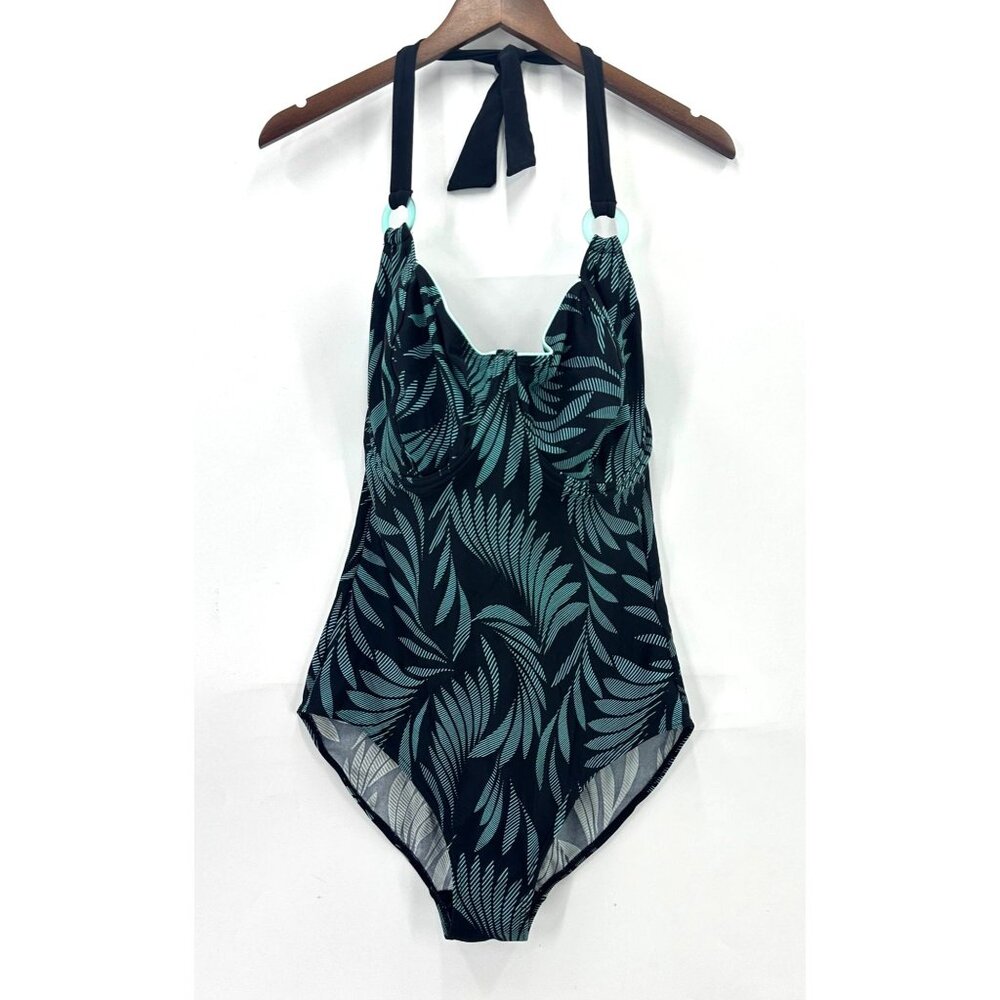 Pour Moi Swimsuit Womens One Piece Underwire Tropical Mesh Halter Green 36G